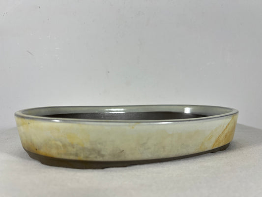 Preowned Japanese Tokoname Glazed Oval Shallow Bonsai Pot with patina - 10” By 7”