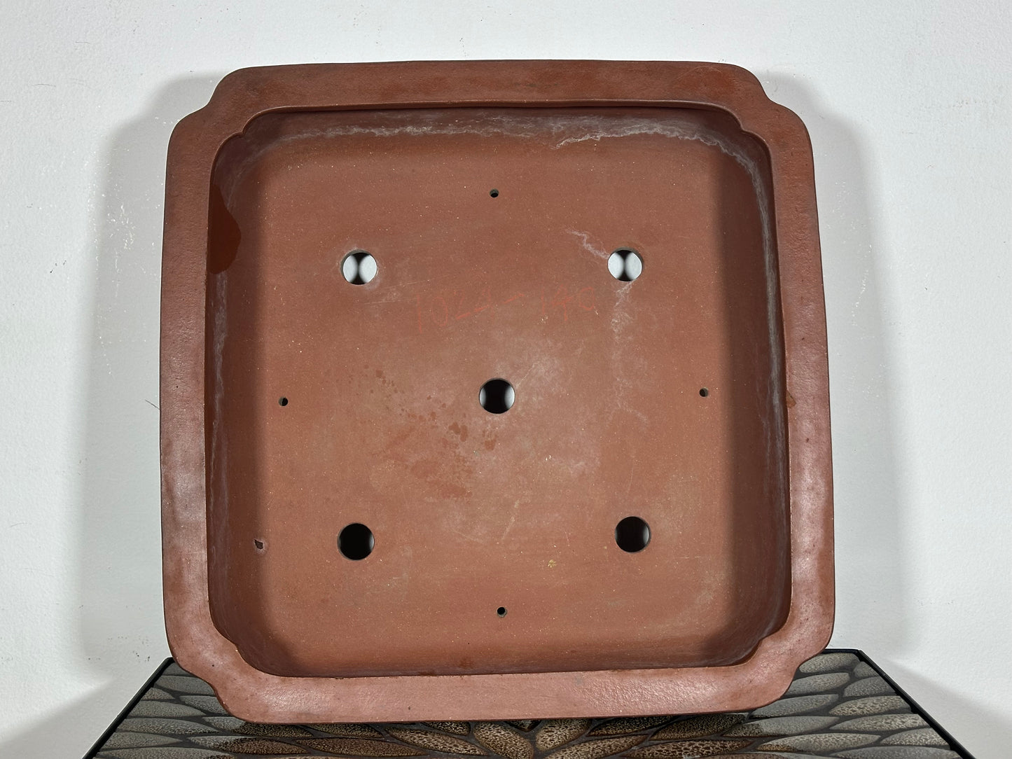 Preowned Japanese Tokoname Unglazed Square Bonsai Pot with Stamps - 13.25” By 13 1/8”