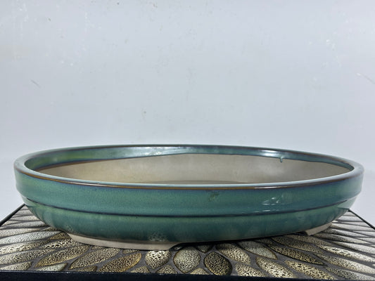 Preowned Japanese Tokoname Shallow Oval Bonsai Pot with Stamp - 15.5” By 12”