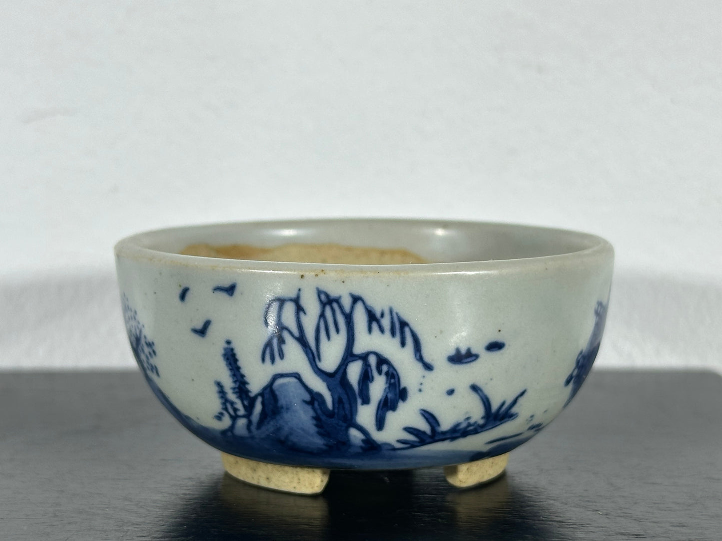 Preowned Japanese Tokoname Hand Painted Round Bonsai Pot Marutou with Patina - 2.75” By 1.25”