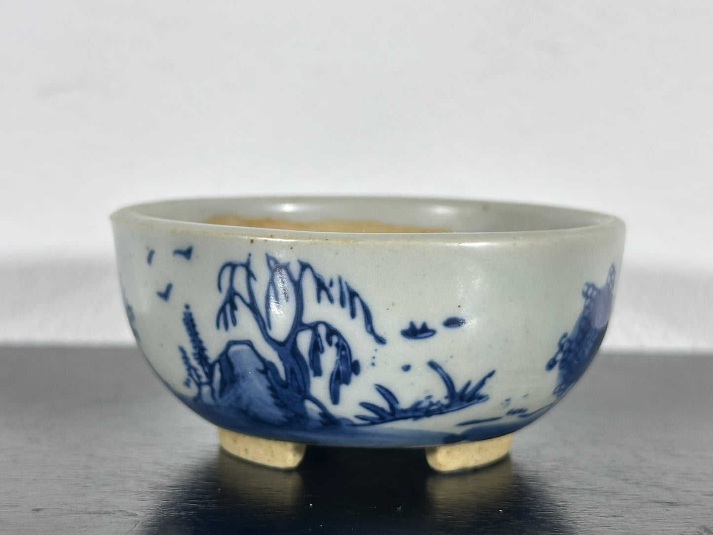 Preowned Japanese Tokoname Hand Painted Round Bonsai Pot Marutou with Patina - 2.75” By 1.25”
