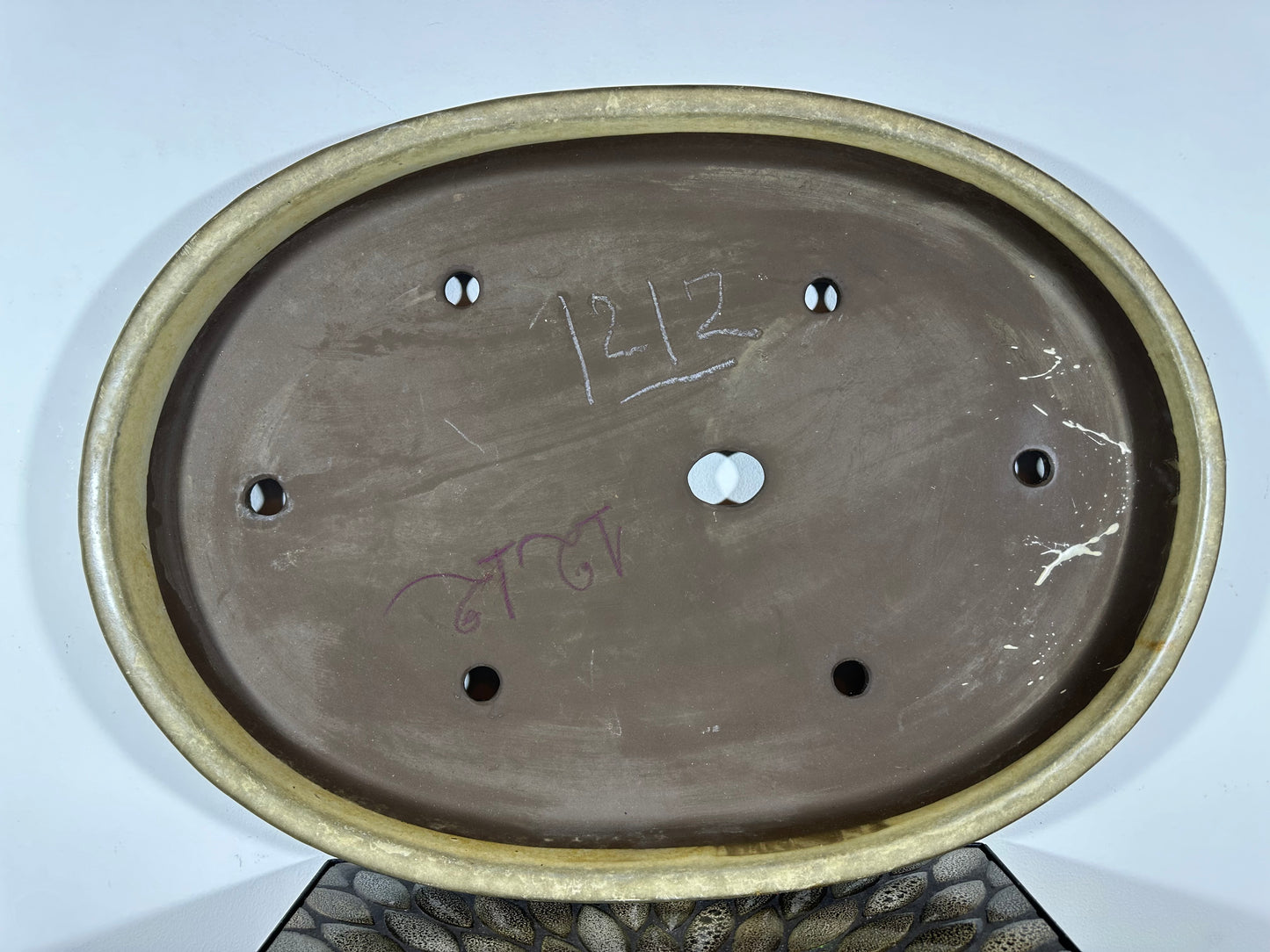 Preowned Japanese Tokoname Glazed Shallow Bonsai Pot with Stamps - 25” By 17.75”