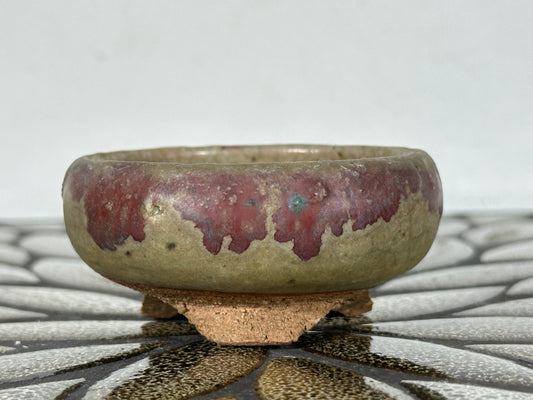 Preowned Japanese Tokoname Glazed Round Bonsai Pot with Stamps - 3” By 1 3/8”