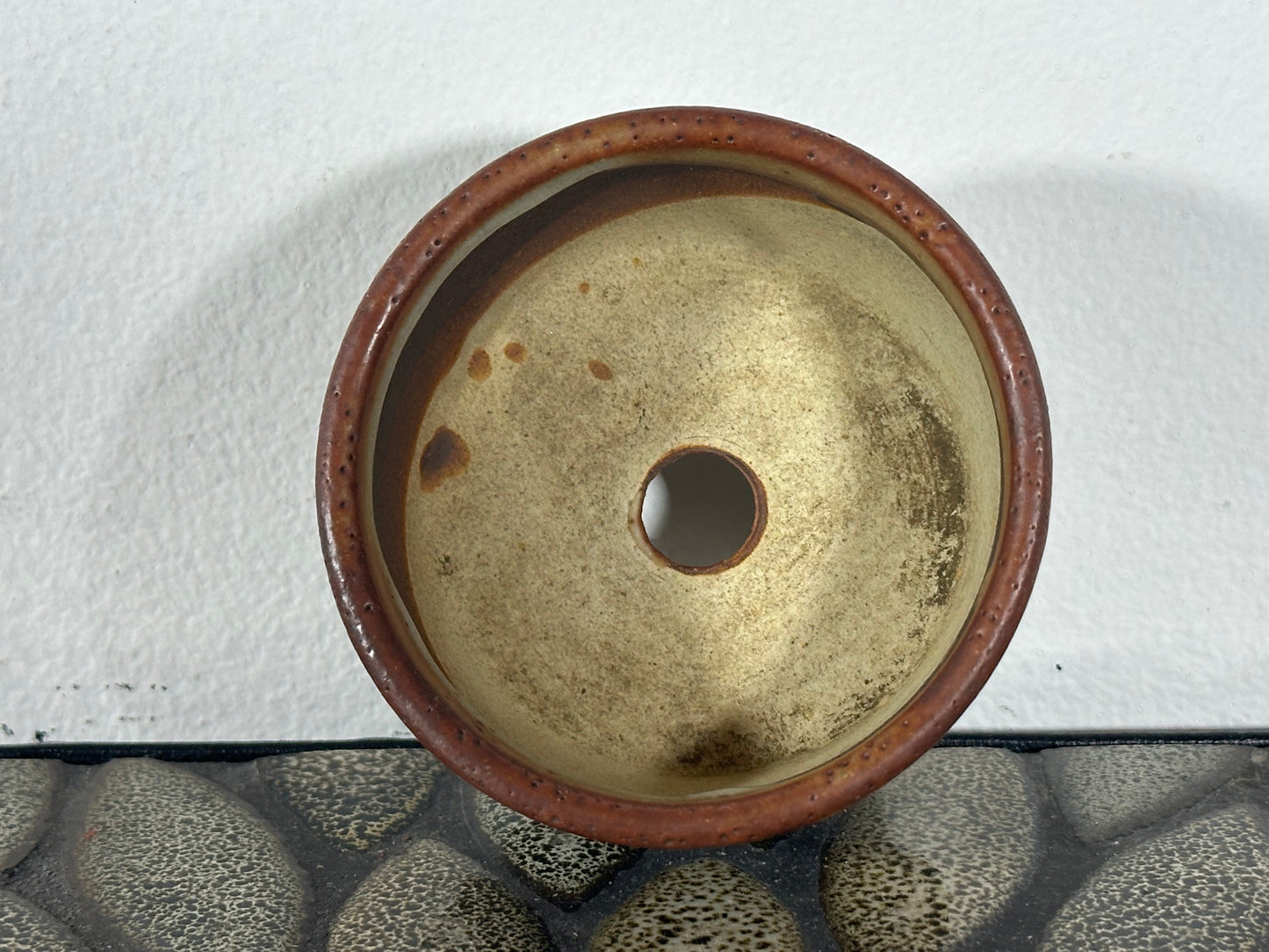 Preowned Japanese Tokoname Glazed Round Bonsai Pot - 3” By 1.75”