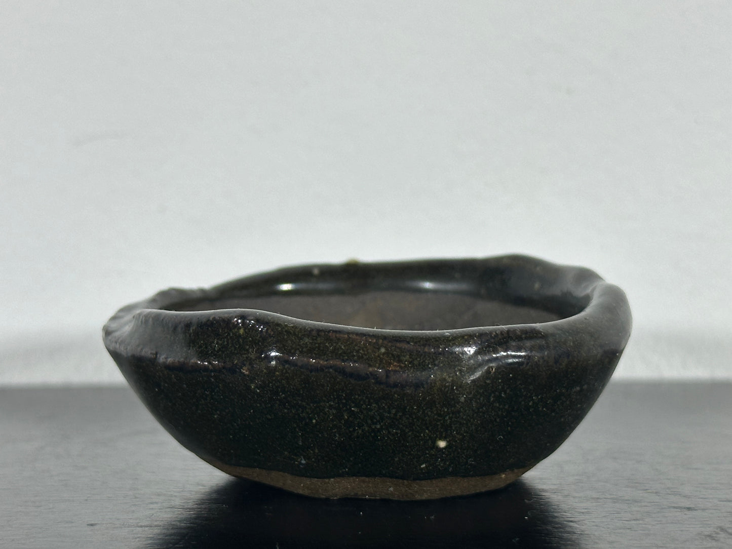 Preowned Japanese Tokoname Mame Glazed Round Bonsai Pot with Rozan - 3” By 1 1/8”
