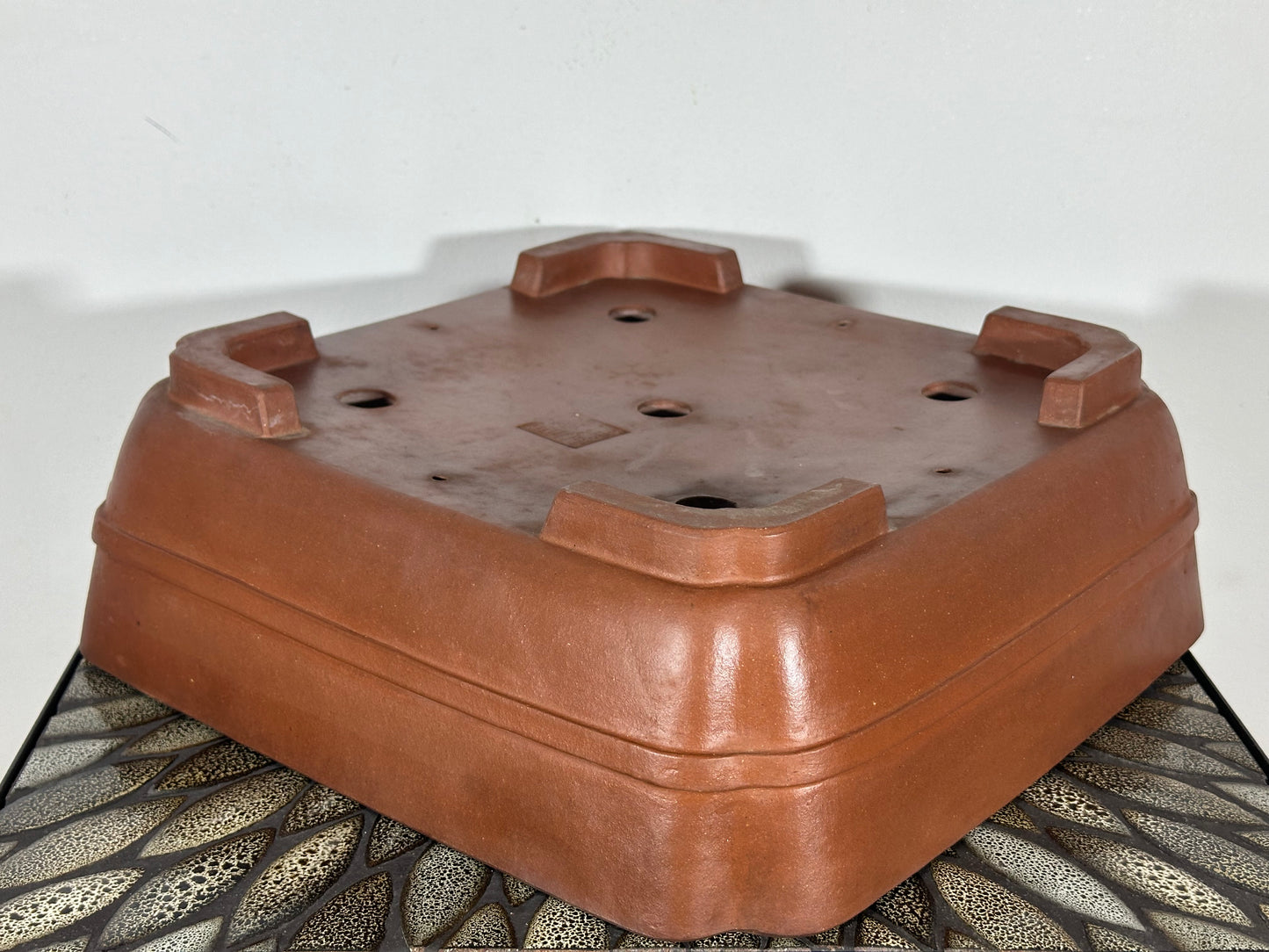 Preowned Japanese Tokoname Unglazed Square Bonsai Pot with Stamps - 13.25” By 13 1/8”