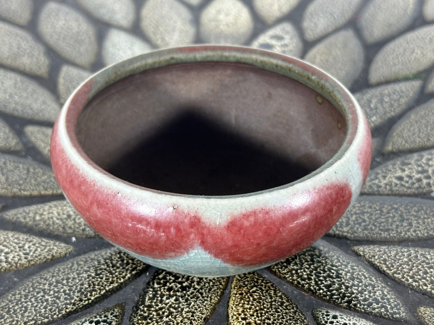 Preowned Japanese Tokoname Glazed Round Bonsai Pot with patina - 3.75” By 2.75”