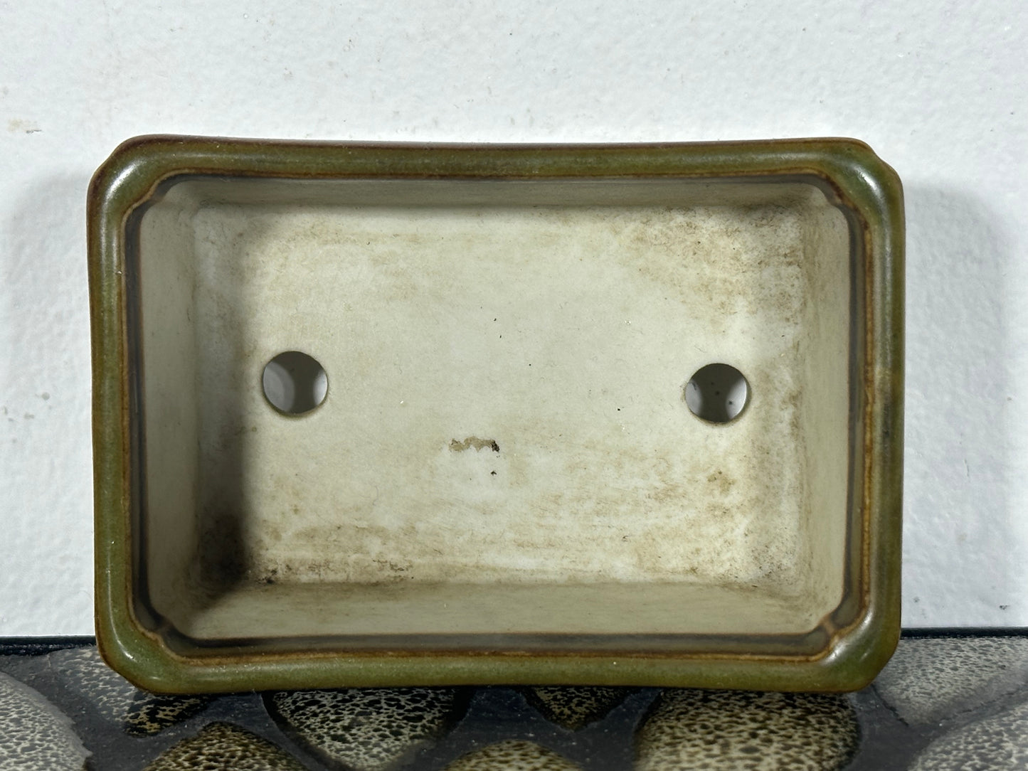 Preowned Vintage Japanese Tokoname Glazed Rectangular Bonsai Pot Jyuetu - 3 3/8” By 2.25”