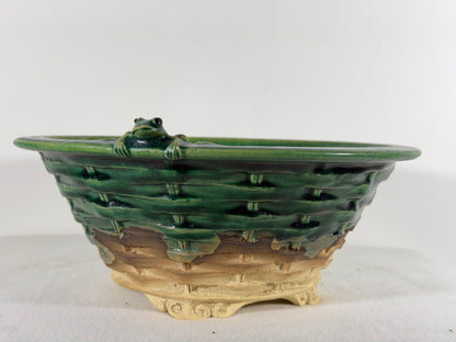 Preowned Japanese Tokoname Glazed Round Bonsai Pot Masashi - 10.75” By 4.25”