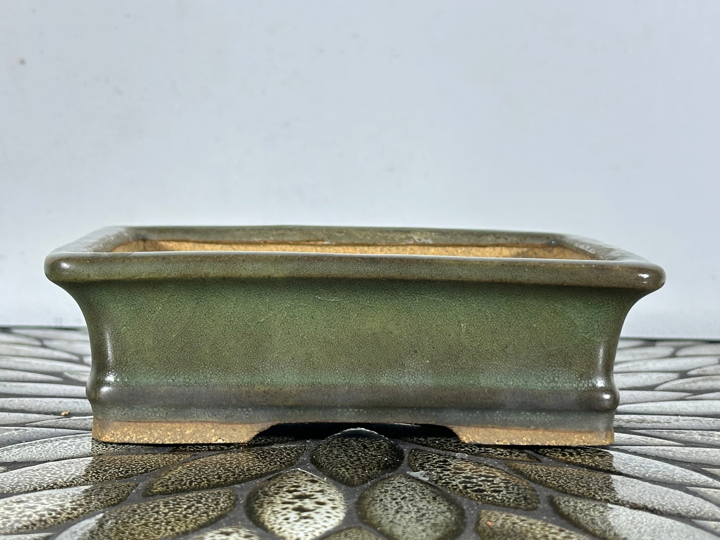 Preowned Japanese Tokoname Glazed Rectangular Bonsai Pot Hatutori with patina - 6.25” By 5”