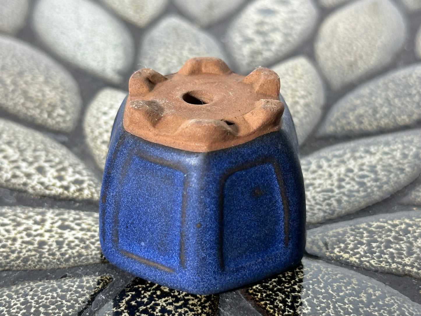 Preowned Japanese Tokoname Glazed Hexagon Bonsai Pot - 1 5/8” By 1.25”