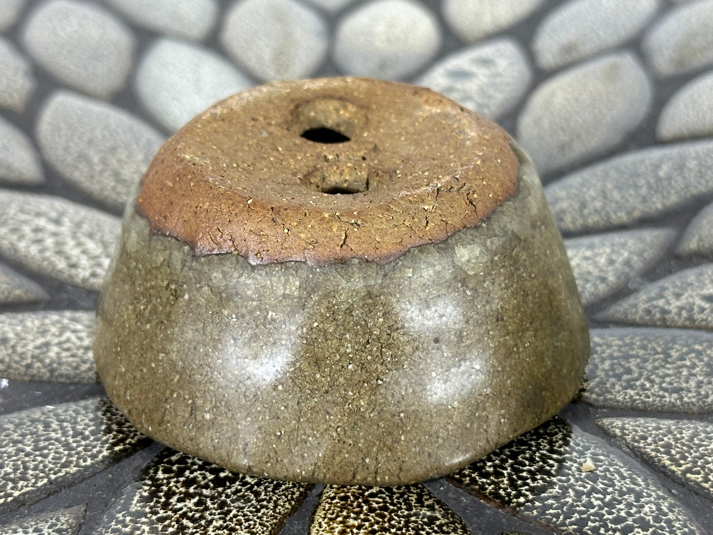 Preowned Japanese Tokoname Glazed Round Bonsai Pot with Stamps - 2.75” By 1 3/8”