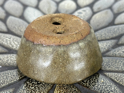 Preowned Japanese Tokoname Glazed Round Bonsai Pot with Stamps - 2.75” By 1 3/8”