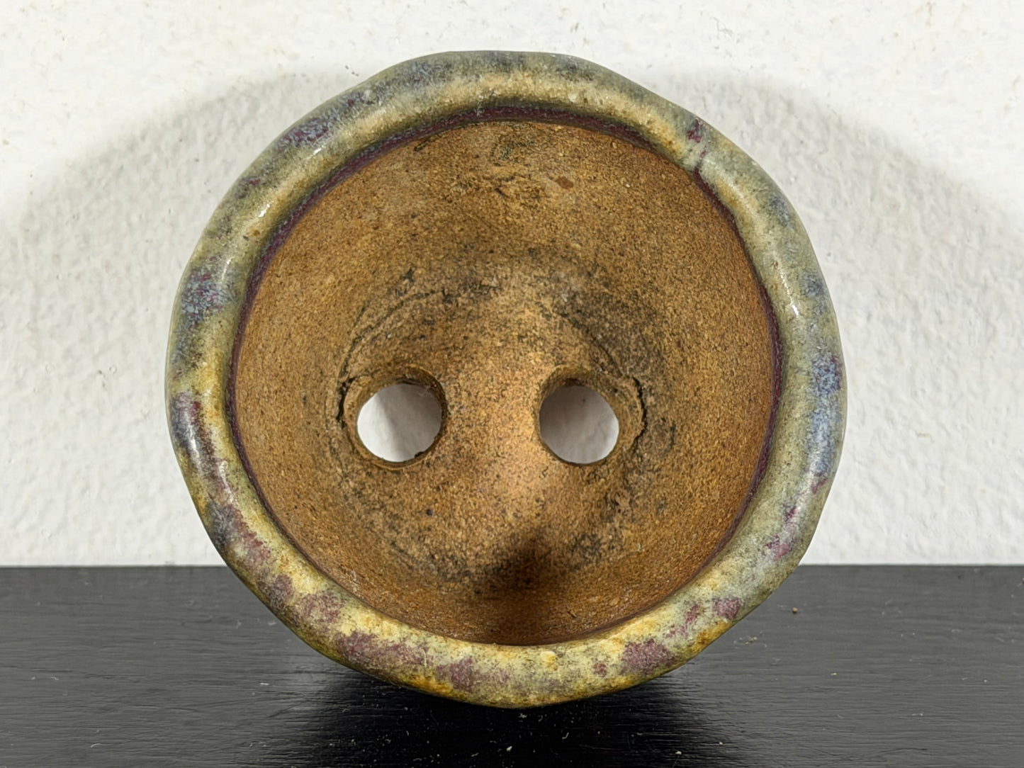 Preowned Japanese Tokoname Glazed Round Bonsai Pot with Stamp - 2.25” By 1.35”