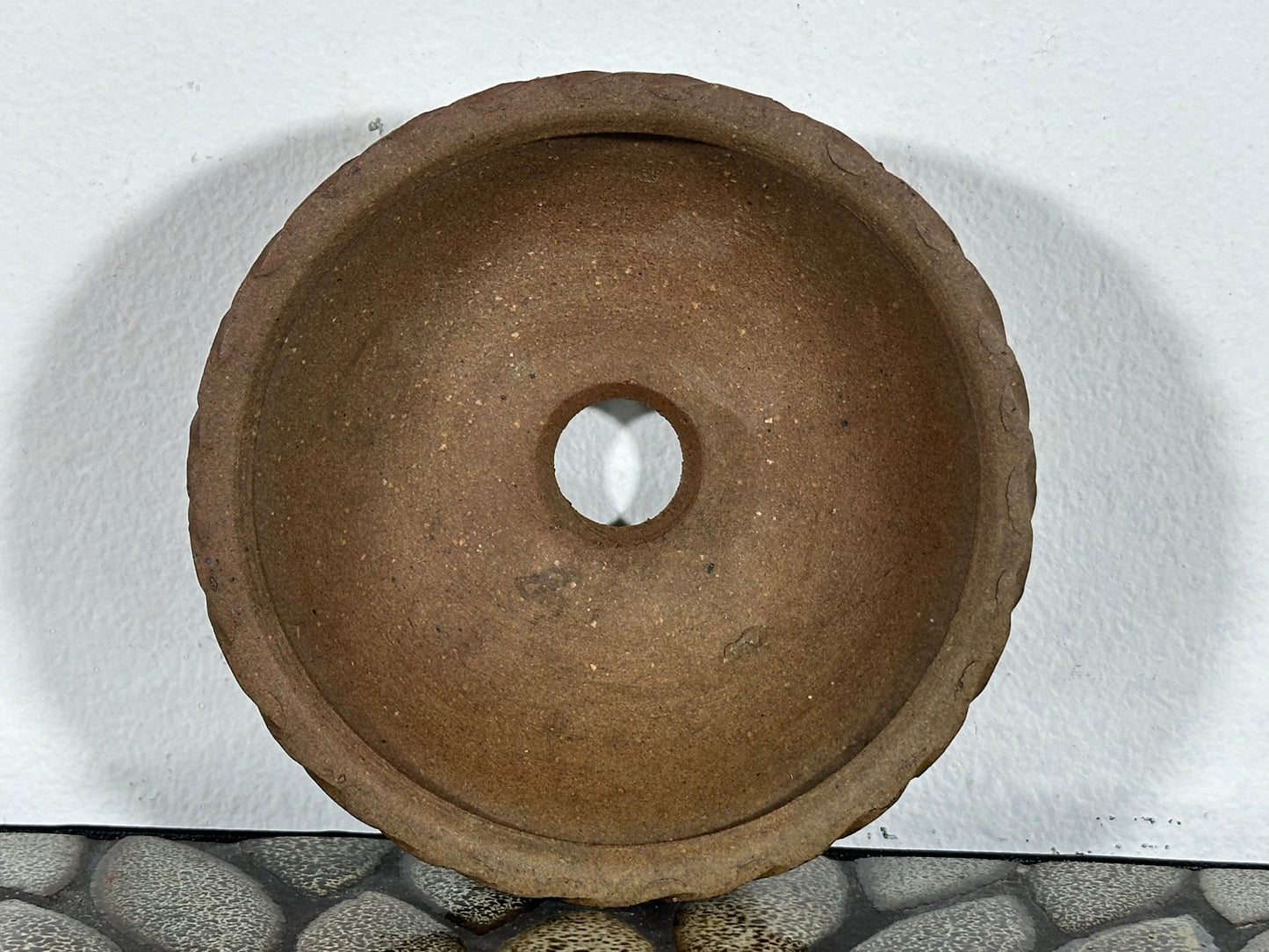 Preowned Japanese Tokoname Unglazed Round Bonsai Pot with Stamp - 4 5/8” By 1.75”