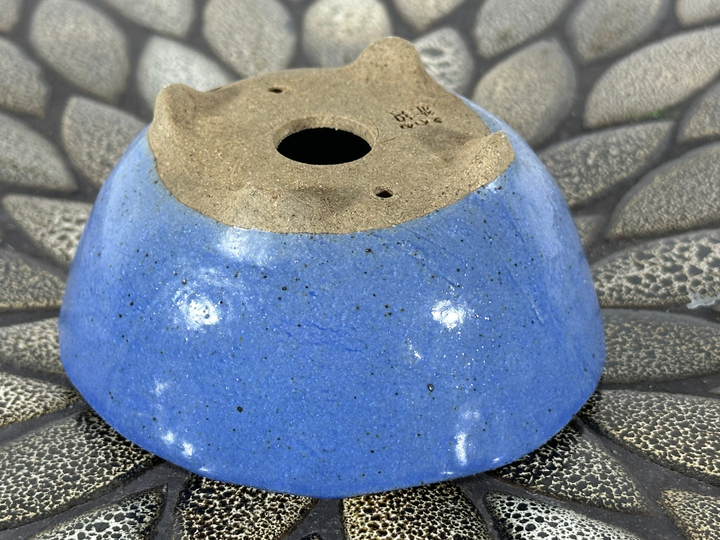 Preowned Japanese Tokoname Glazed Round Bonsai Pot with Stamps - 3.75” By 1.75”