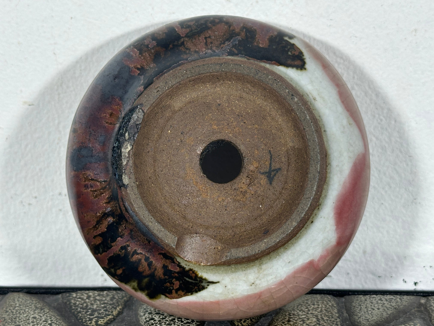 Preowned Japanese Tokoname Glazed Round Bonsai Pot with patina - 4.25” By 1.25”