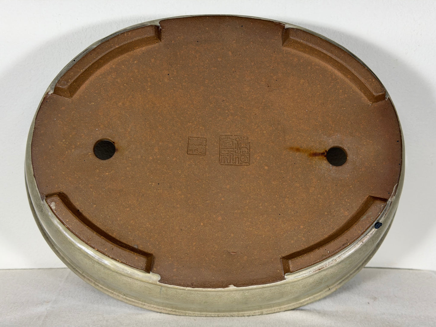 Preowned Old China Glazed Oval Bonsai Pot with Stamps - 12” By 9.5”