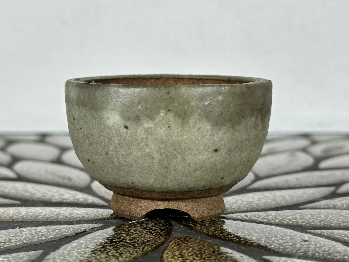 Preowned Japanese Tokoname Glazed Round Bonsai Pot with Stamps - 2.25” By 1.5”