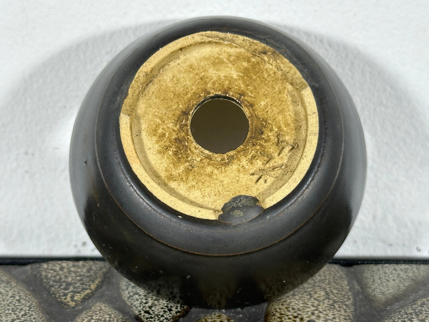 Preowned Japanese Tokoname Glazed Round Bonsai Pot with Stamps - 3.25” By 1 3/8”