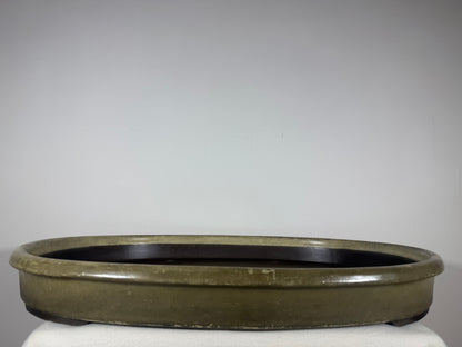 Preowned Japanese Tokoname Glazed Shallow Oval Bonsai Pot Hatutori -  24.5” x 18” x 2.75”