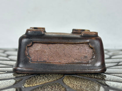 Preowned Japanese Tokoname Glazed Rectangular Bonsai Pot With Stamp - 3 1/8” By 2 7/8”