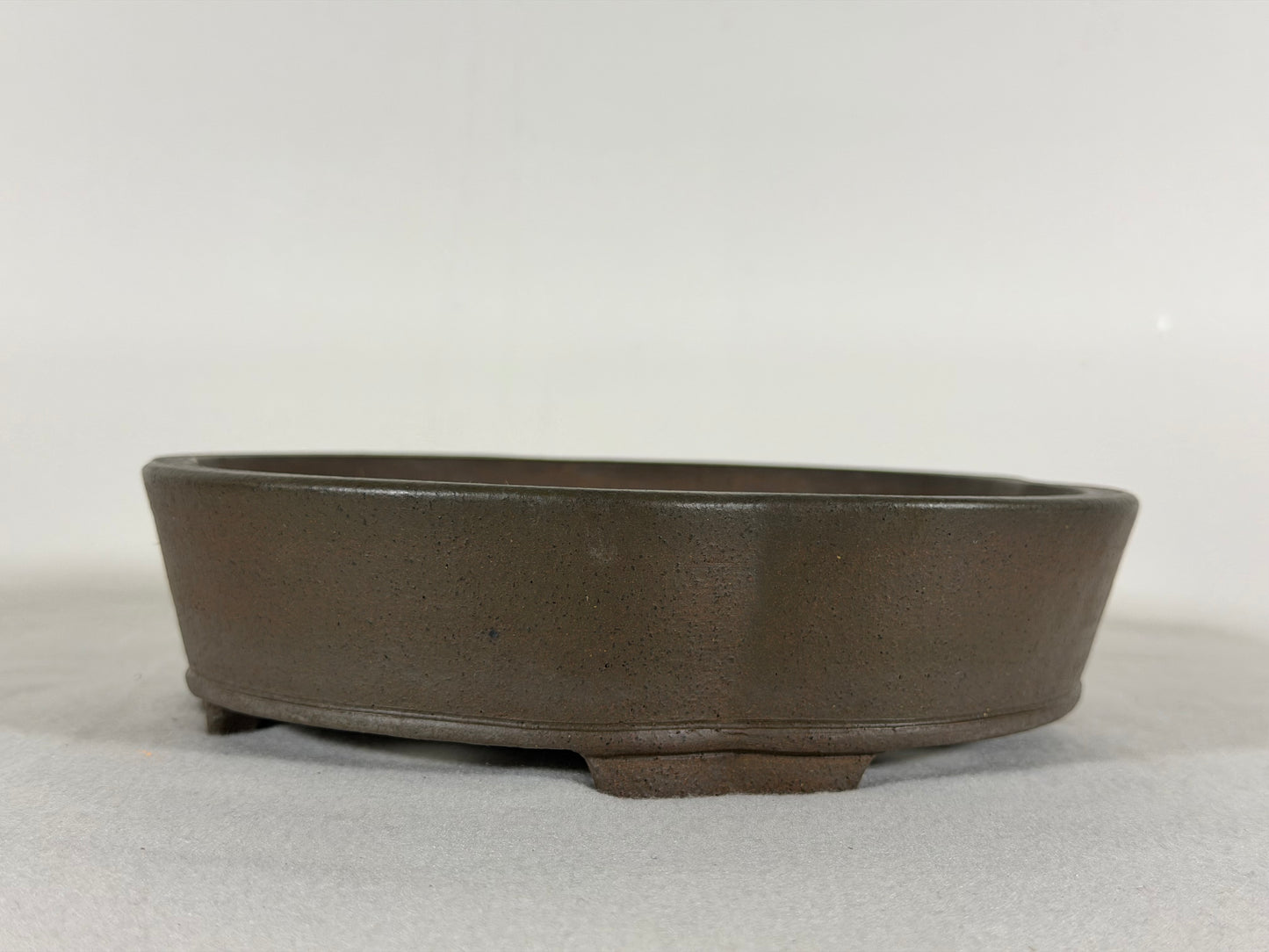 Preowned Japanese Tokoname Unglazed Mokko Shape Bonsai Pot Yuuji Nakano - 8.5” By 2 1/8”
