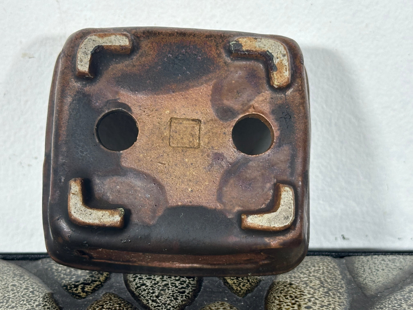 Preowned Japanese Tokoname Glazed Rectangular Bonsai Pot With Stamp - 3 1/8” By 2 7/8”