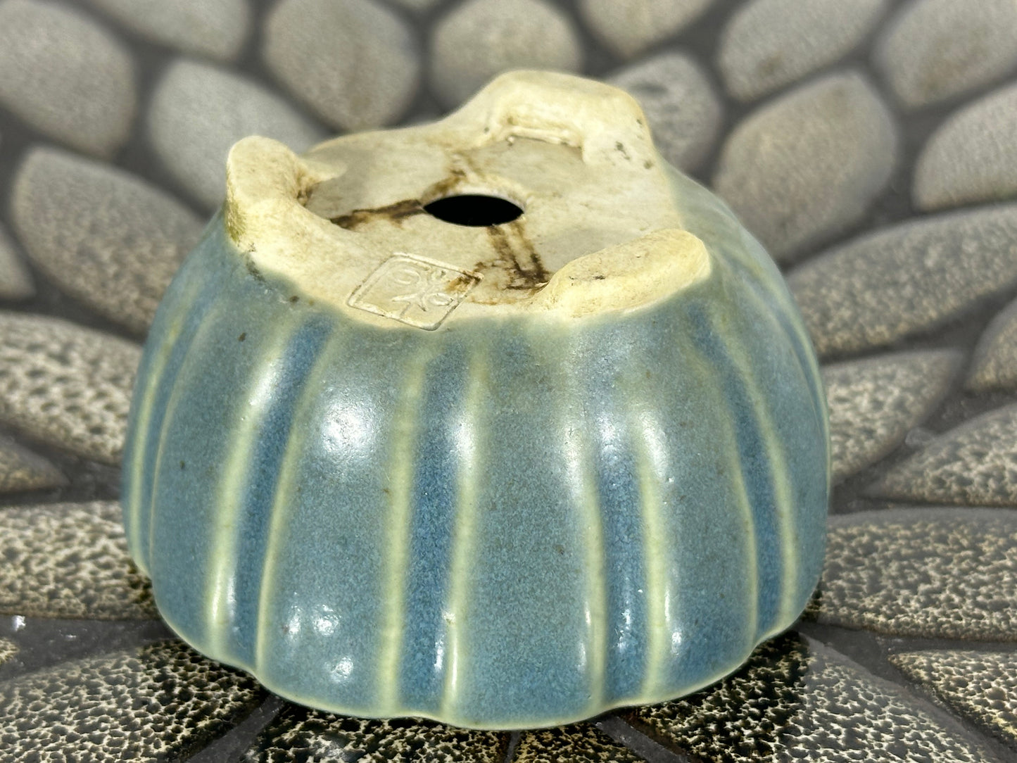 Preowned Japanese Tokoname Glazed Round Bonsai Pot with Stamp - 2 7/8” By 1 5/8”