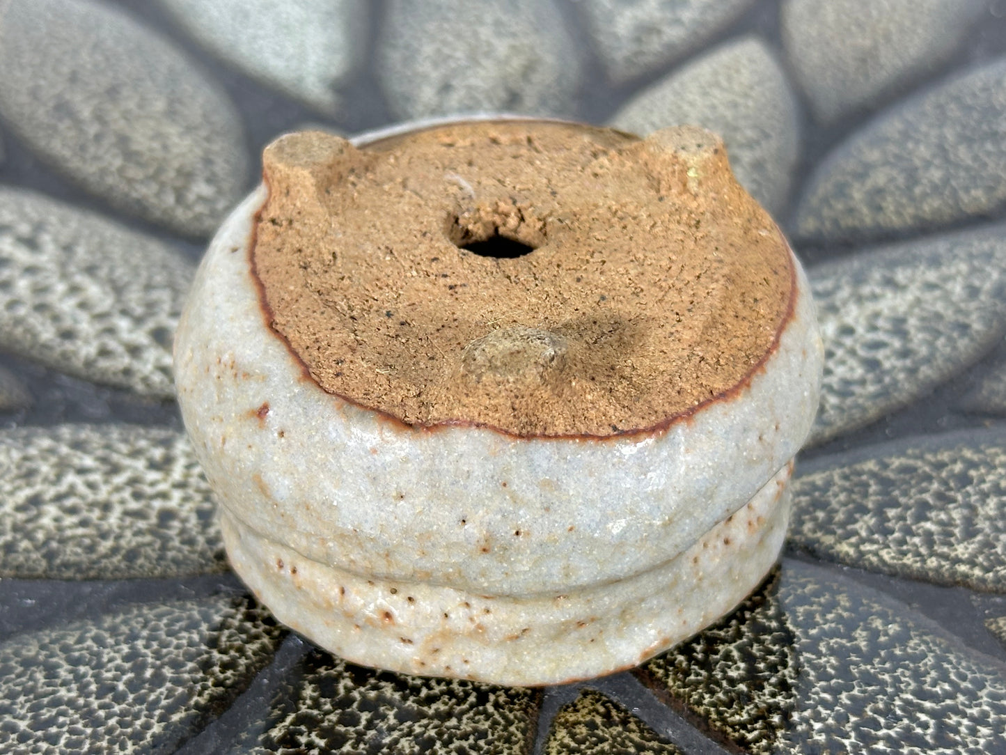 Preowned Japanese Tokoname Glazed Round Bonsai Pot with Stamps - 2” By 1.25”