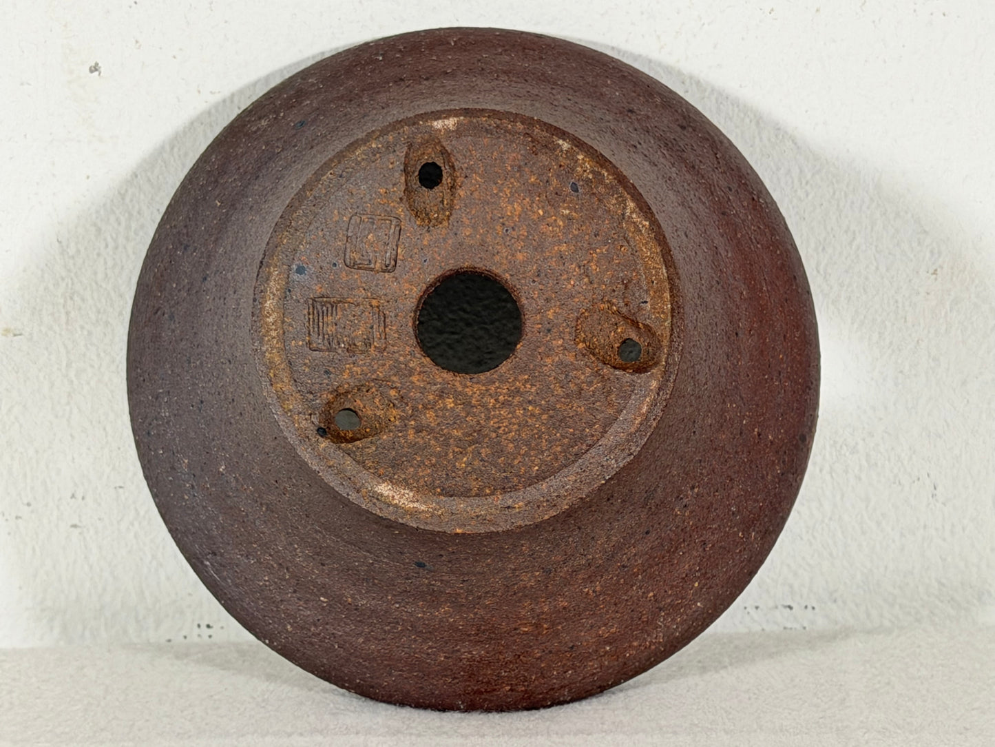 Preowned Japanese Tokoname Unglazed Round Bonsai Pot with Stamps - 4.75” By 2”