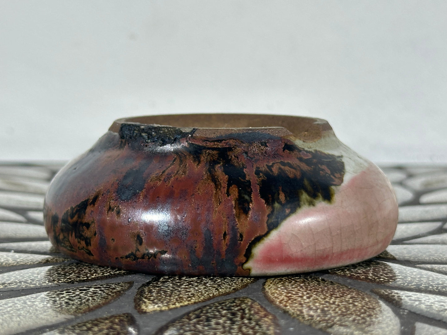 Preowned Japanese Tokoname Glazed Round Bonsai Pot with patina - 4.25” By 1.25”