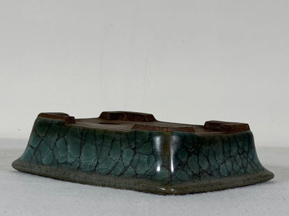 Preowned Japanese Tokoname Glazed Rectangular Bonsai Pot Has Stamp - 5” By 4”