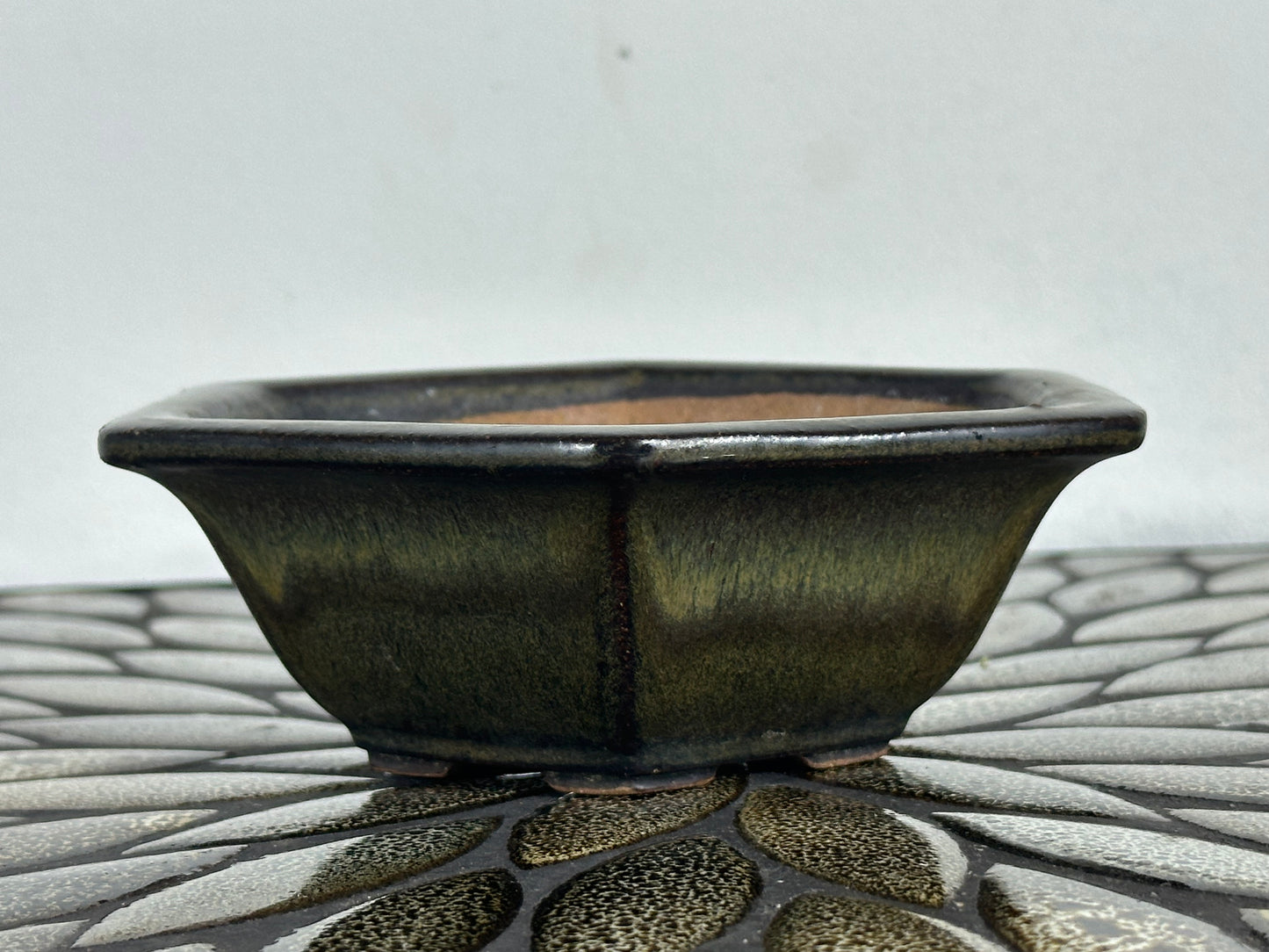 Preowned Japanese Tokoname Glazed Hexagon Bonsai Pot - 6” By 5.25”