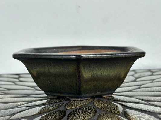 Preowned Japanese Tokoname Glazed Hexagon Bonsai Pot - 6” By 5.25”