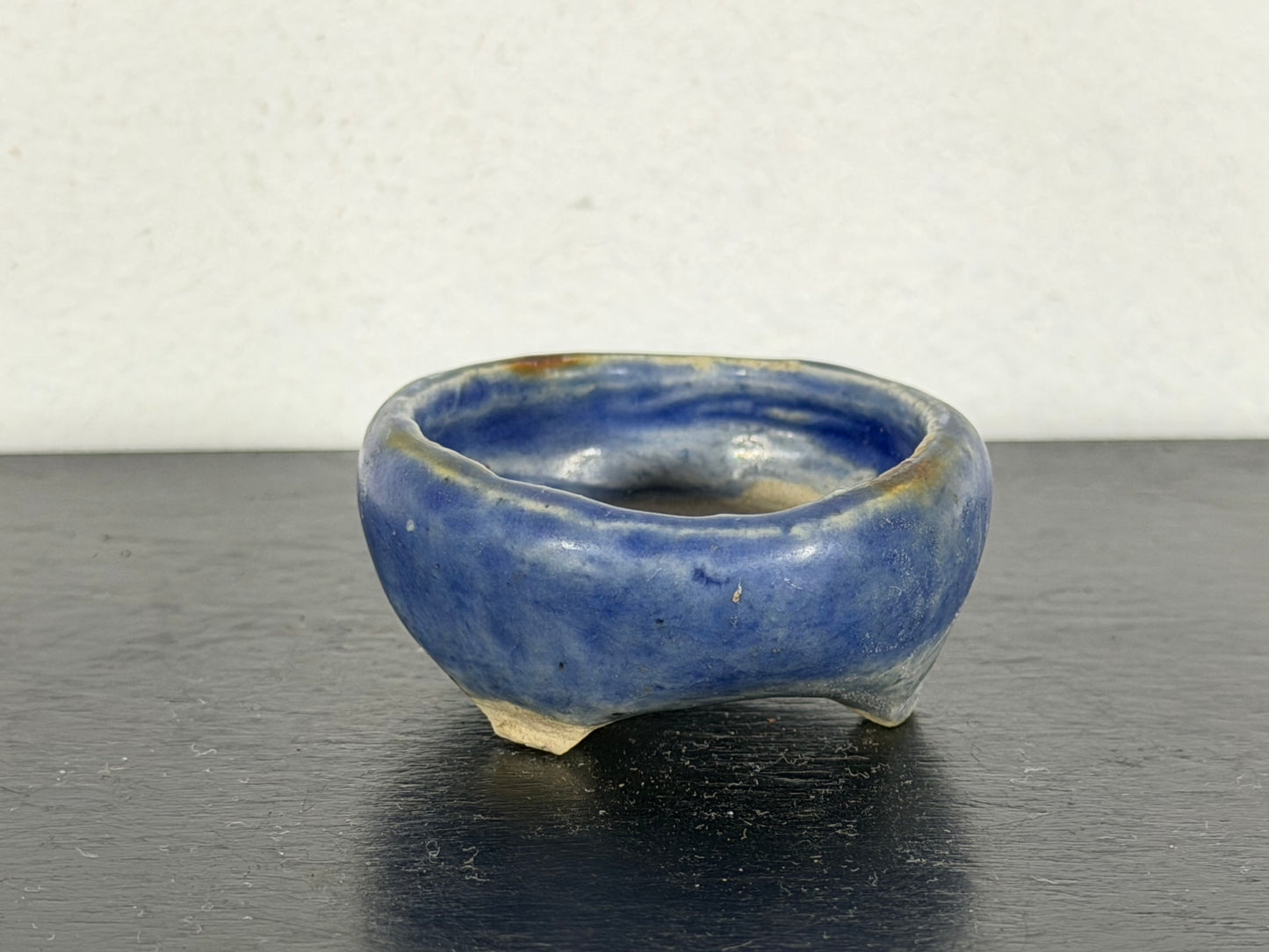 Preowned Japanese Tokoname Glazed Round Bonsai Pot With Stamp - 1.75” By 0.75”