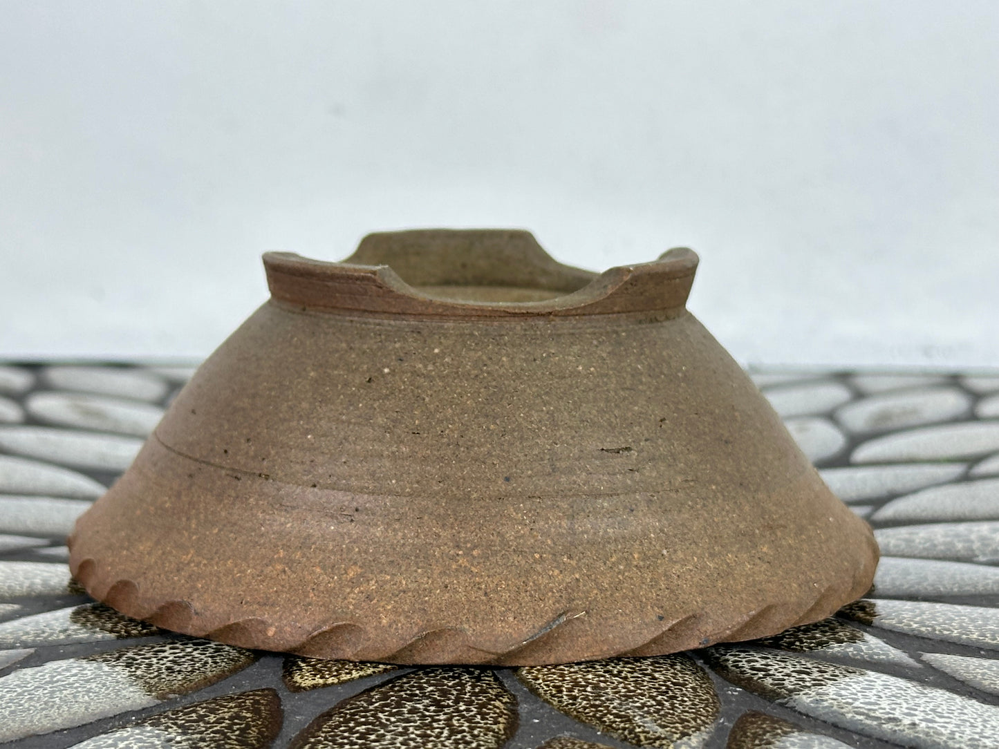 Preowned Japanese Tokoname Unglazed Round Bonsai Pot with Stamp - 4 5/8” By 1.75”