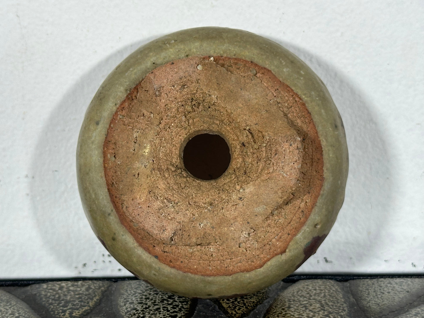 Preowned Japanese Tokoname Glazed Round Bonsai Pot with Stamps - 3” By 1 3/8”