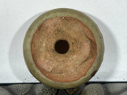 Preowned Japanese Tokoname Glazed Round Bonsai Pot with Stamps - 3” By 1 3/8”