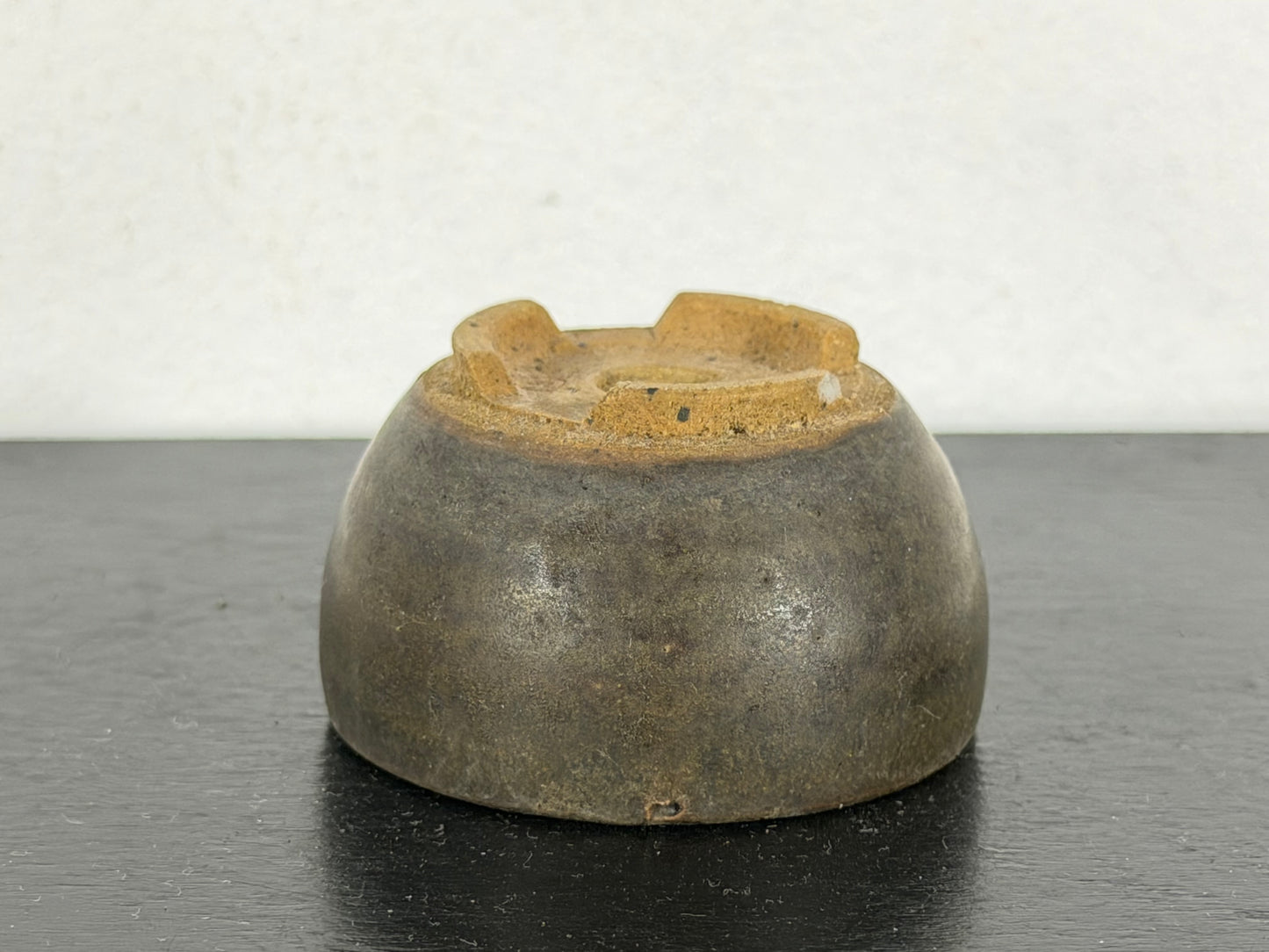 Preowned Japanese Tokoname Glazed Round Bonsai Pot With Stamp - 2” By 1 1/8”
