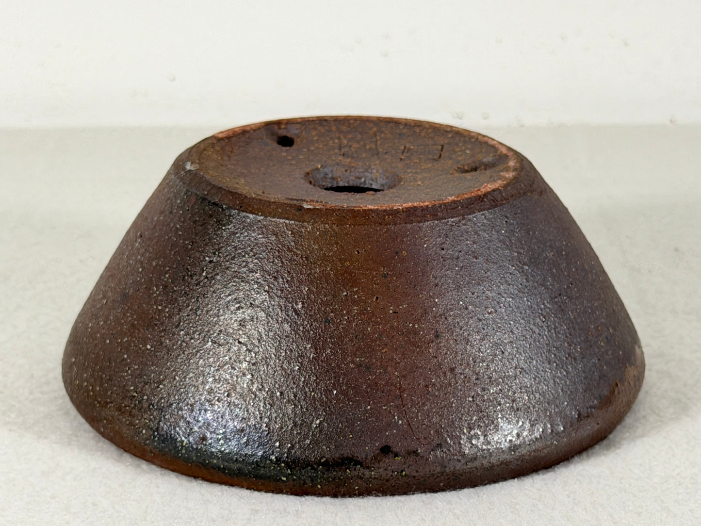 Preowned Japanese Tokoname Unglazed Round Bonsai Pot with Stamps - 5” By 2”