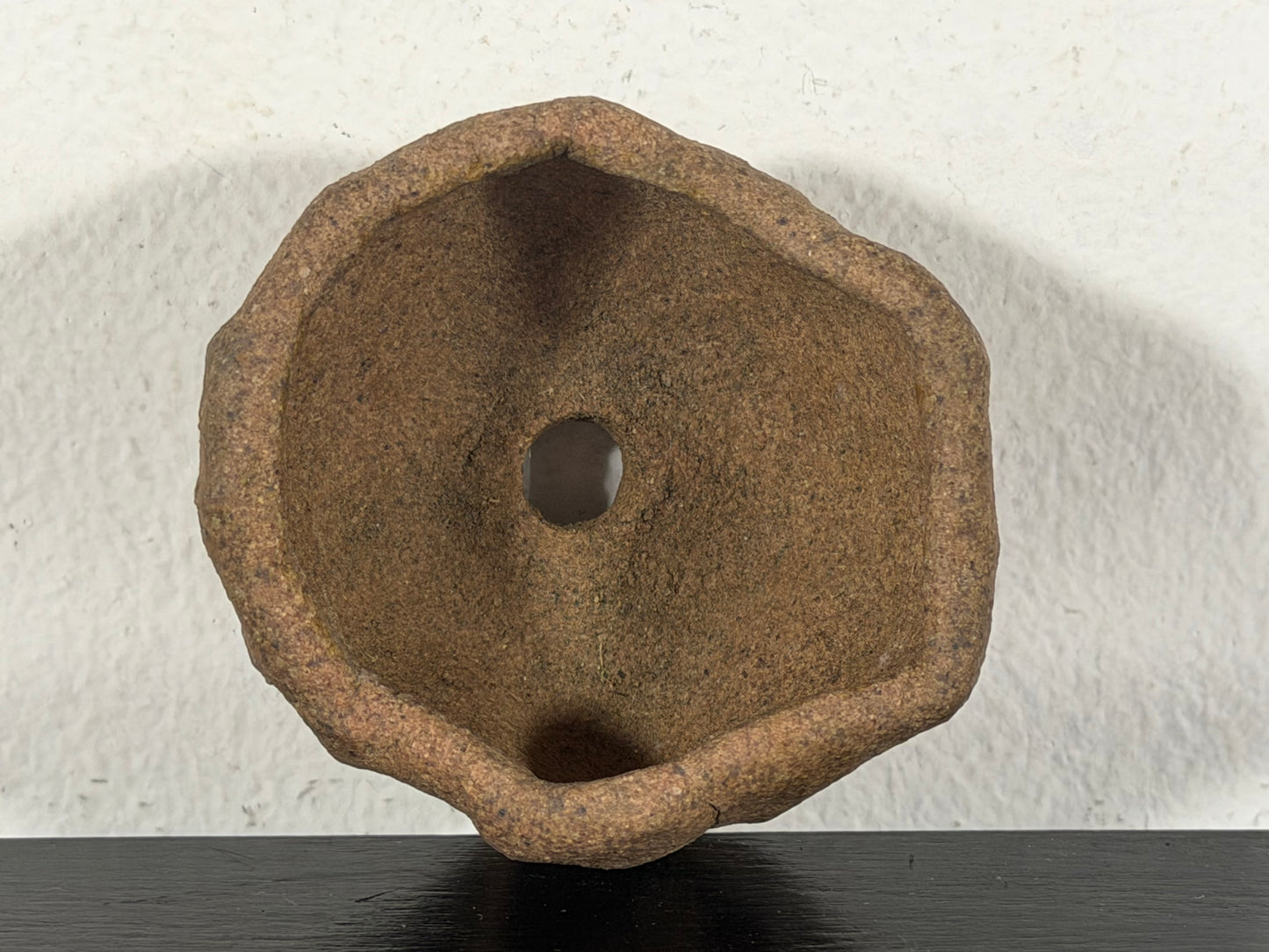 Preowned Japanese Tokoname Unglazed Round Bonsai Pot has Stamp - 2” By 1 1/8”