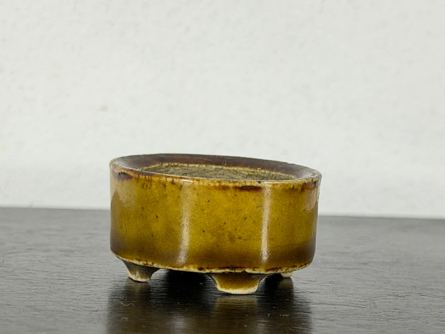 Preowned Vintage Japanese Tokoname Glazed Oval Bonsai Pot Mutou - 1.5” By 1.25”