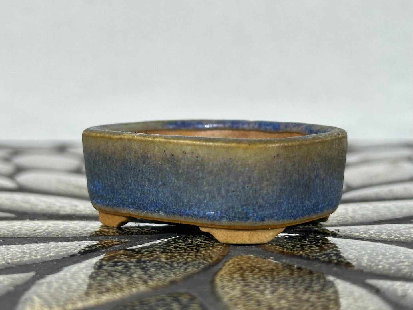 Preowned Japanese Tokoname Glazed Rectangular Bonsai Pot with Stamp - 2” By 1 5/8”