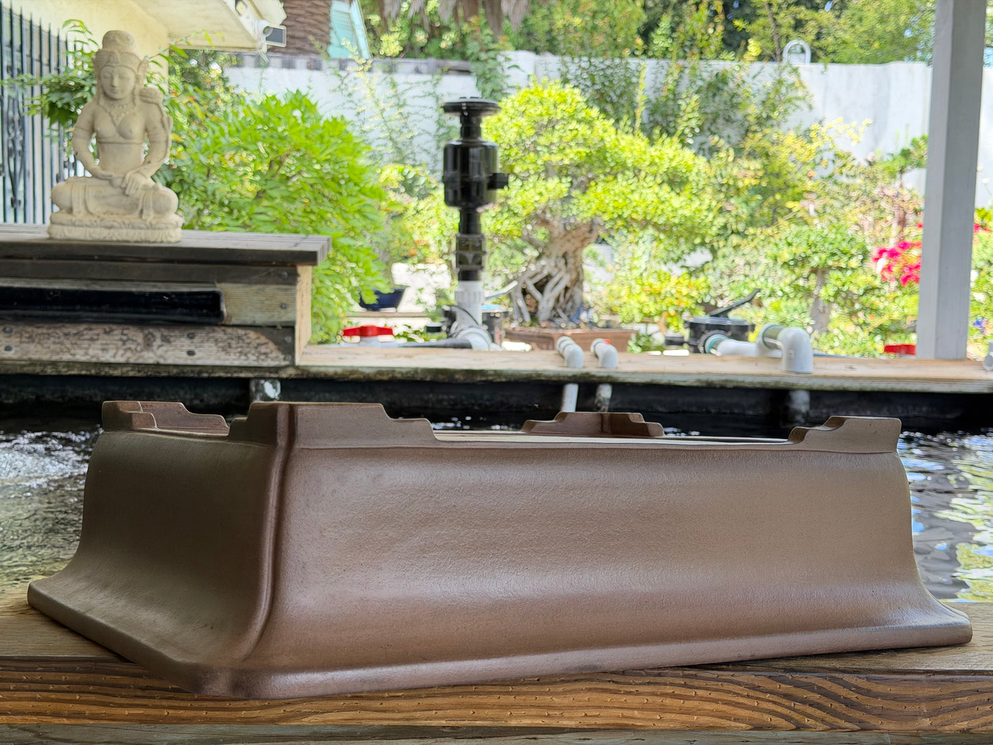 Preowned Japanese Tokoname Unglazed Rectangular Bonsai Pot Gyouzan Nakano - 21.75” By 17.5”