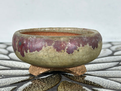 Preowned Japanese Tokoname Glazed Round Bonsai Pot with Stamps - 3” By 1 3/8”