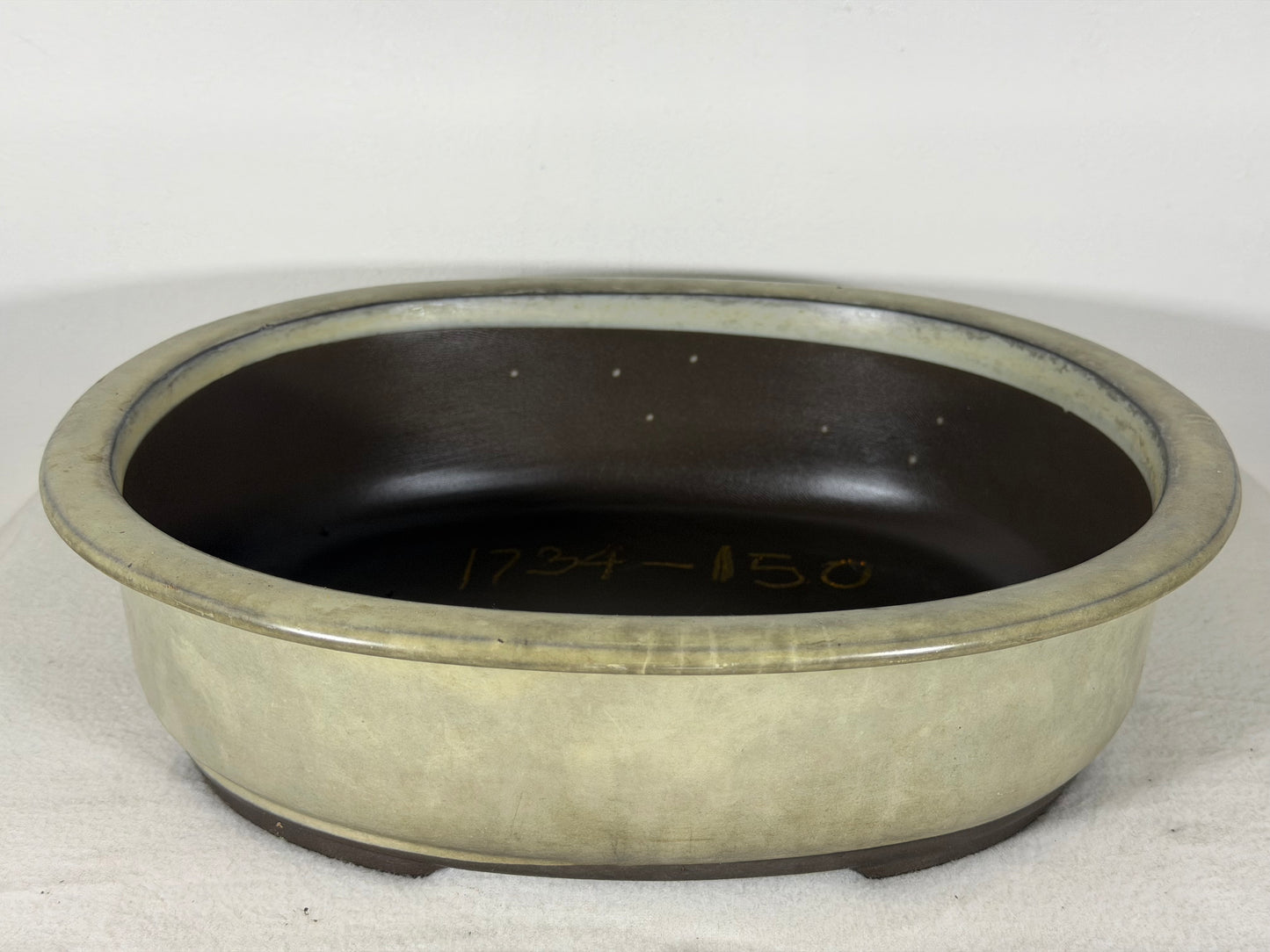 Preowned Japanese Tokoname Glazed Oval Bonsai Pot has Patina - 11.75” By 10”