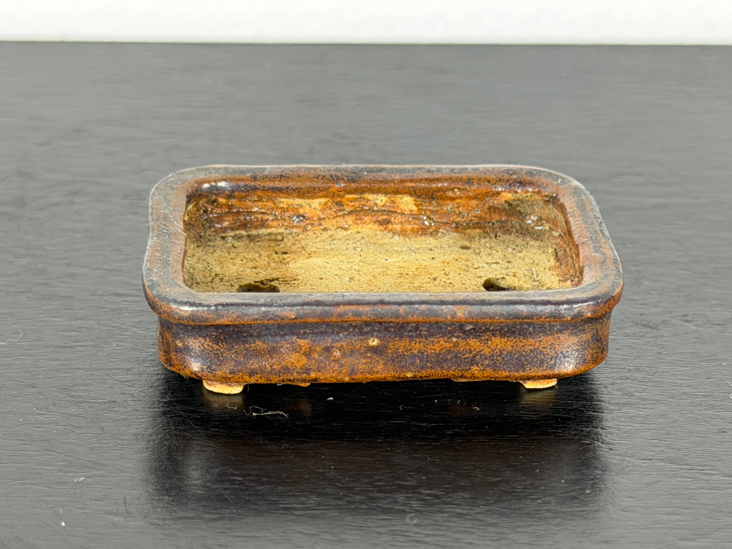 Preowned Vintage Japanese Tokoname Glazed Rectangular Shallow Bonsai Pot Mutou - 1.75” By 1.25”