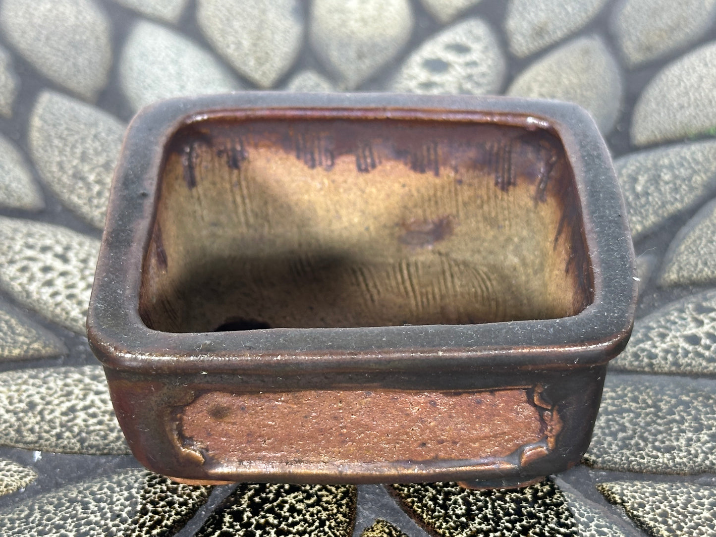 Preowned Japanese Tokoname Glazed Rectangular Bonsai Pot With Stamp - 3 1/8” By 2 7/8”