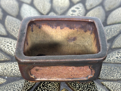 Preowned Japanese Tokoname Glazed Rectangular Bonsai Pot With Stamp - 3 1/8” By 2 7/8”
